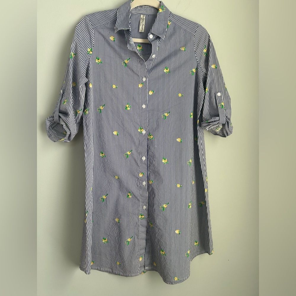 PerSeption Concept Shirt Dress‎ Size Small Blue Striped Lemon Pattern Resort EUC